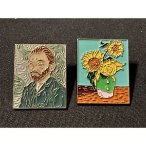 2 Van Gogh Enamel Pins. Portrait & Sunflowers Textured